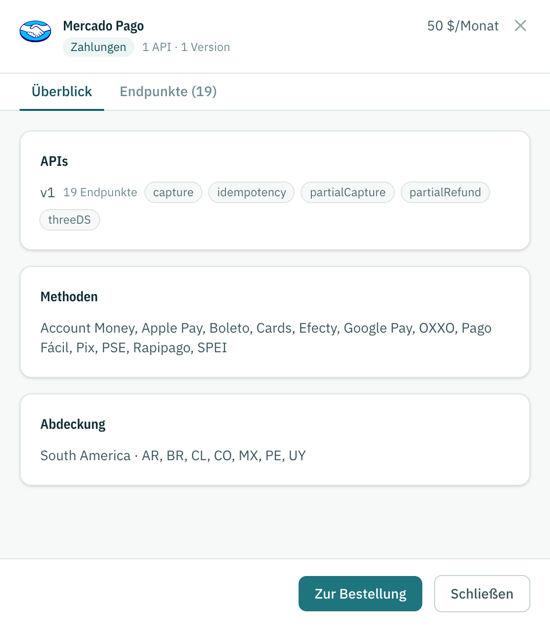 Das Detail einer Marke: APIs und Versionen, was jede Version kann, Methoden und Abdeckung.