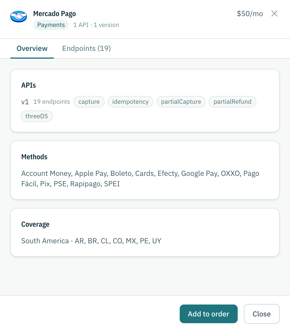 A brand's detail: its APIs and versions, what each version can do, its methods and its coverage.