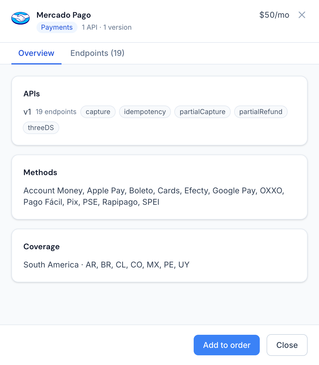 A brand's detail: its APIs and versions, what each version can do, its methods and its coverage.