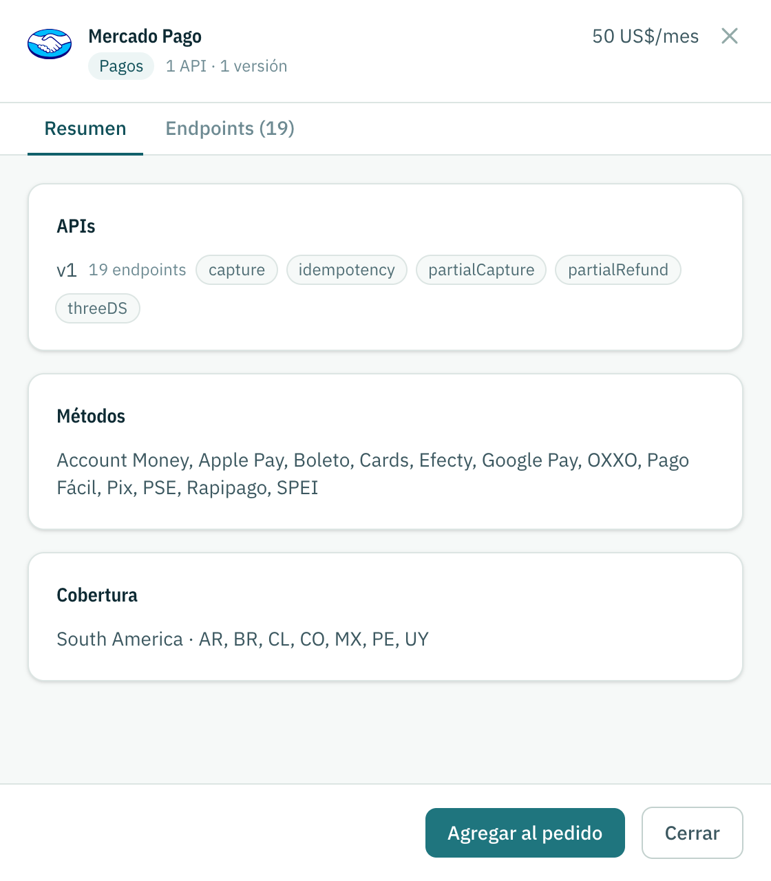 El detalle de una marca: sus APIs y versiones, qué puede hacer cada versión, sus métodos y su cobertura.