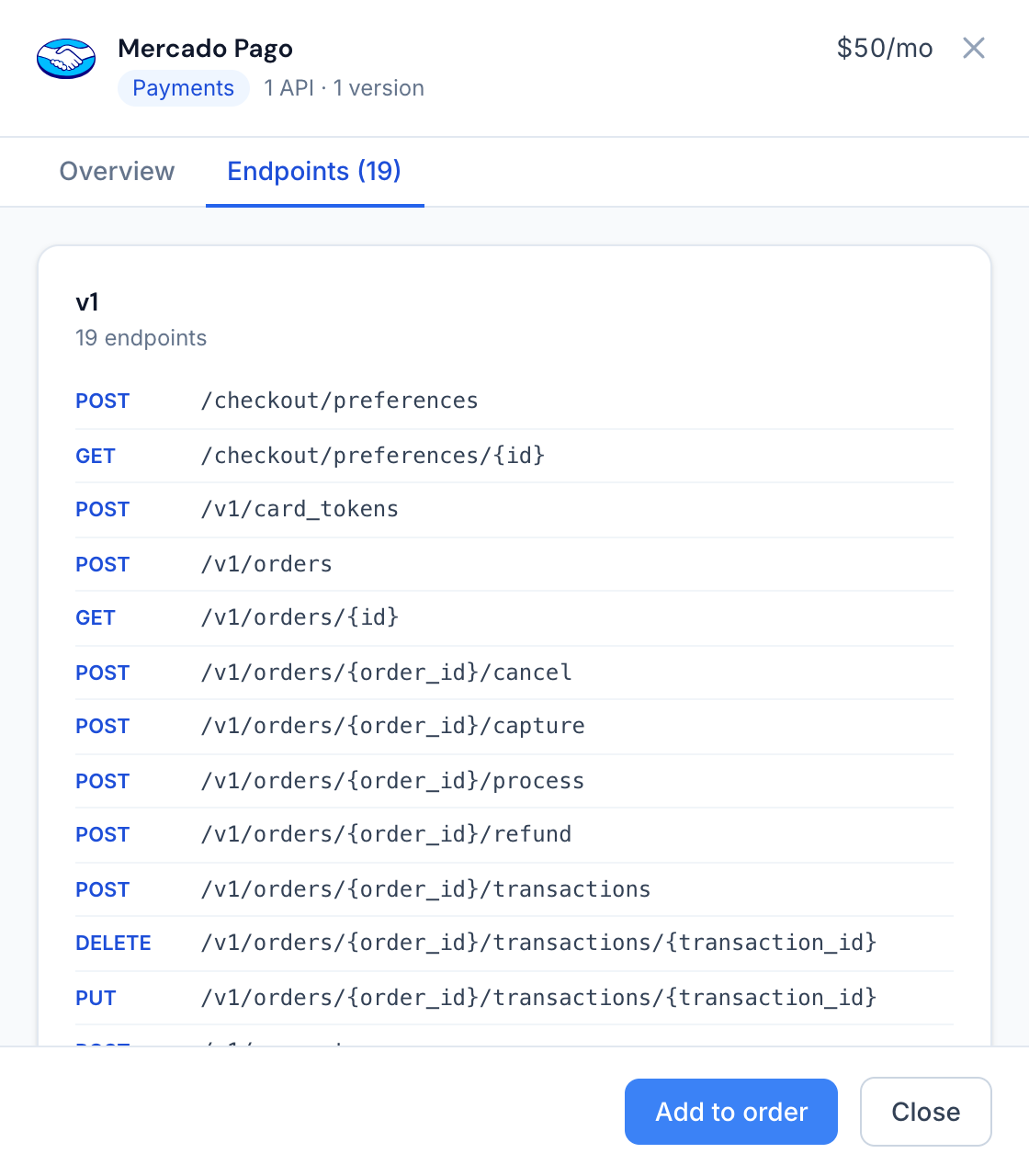 The Endpoints tab, listing every route the brand answers.
