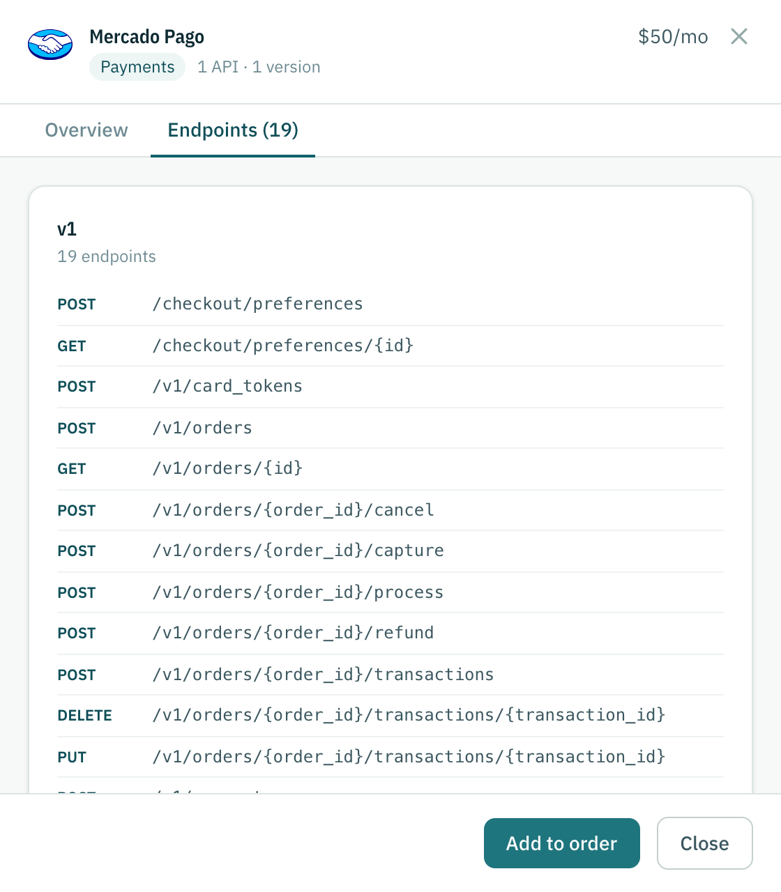 The Endpoints tab, listing every route the brand answers.