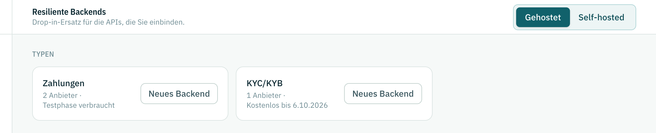 Der Backend-Store auf Gehostet, mit dem Schalter zu Self-hosted und einer Karte je Typ.