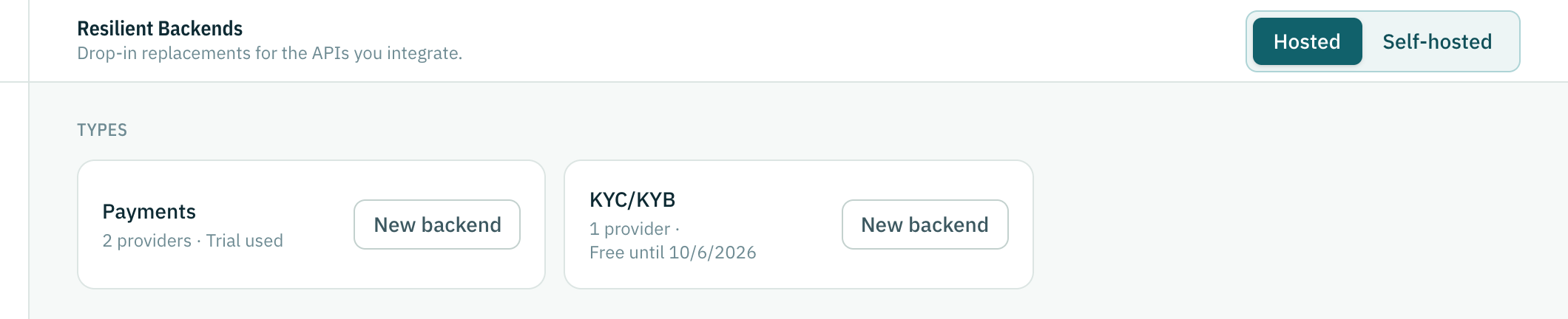 The Backend store open on Hosted, with the switch to Self-hosted and a card for each type.