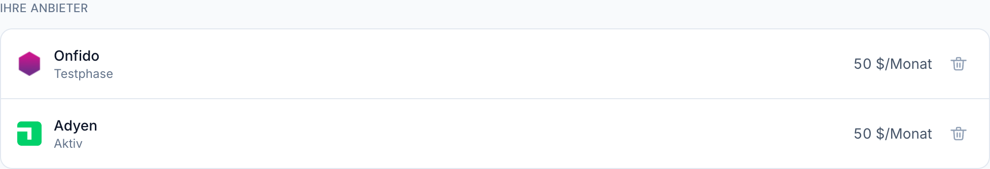 Die Anbieter einer Organisation, je eine Zeile mit Status.