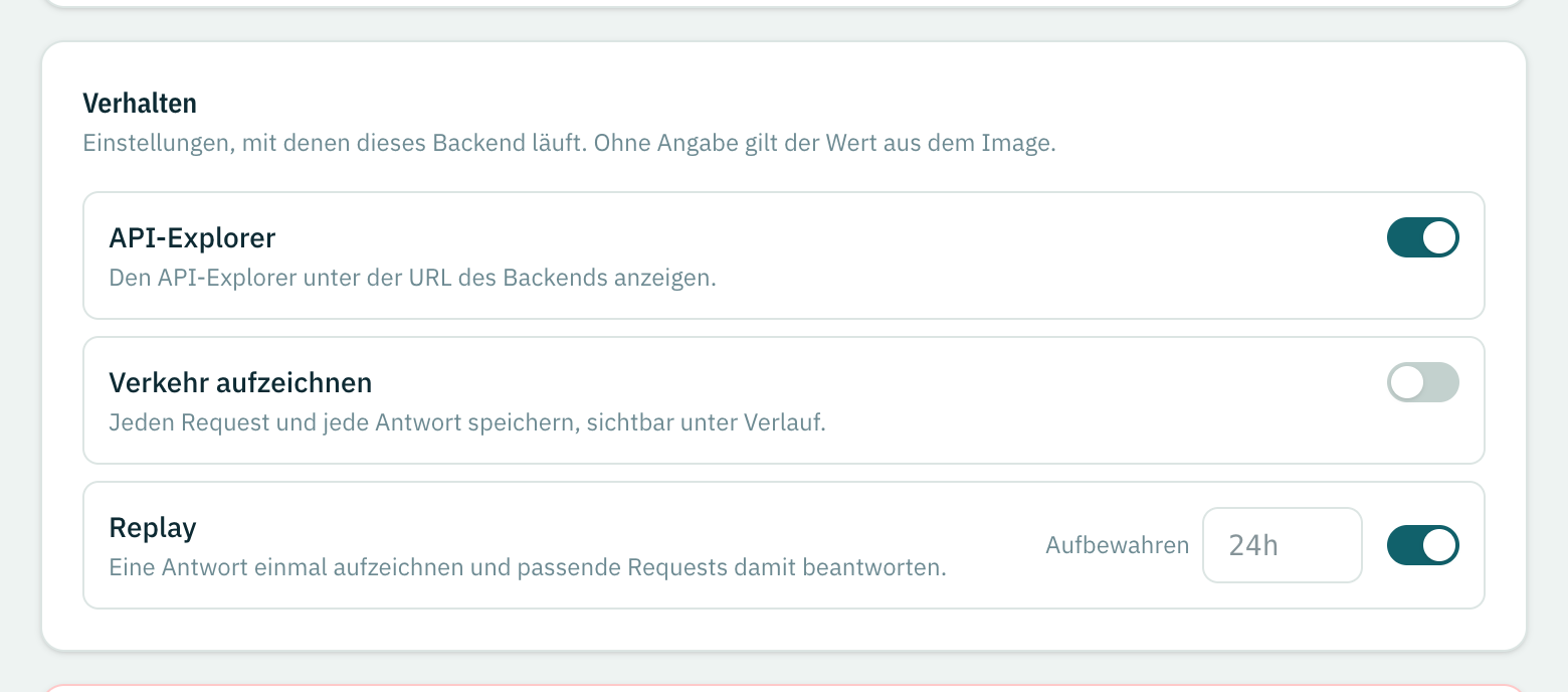 Die Einstellungen unter Verhalten: API-Explorer, Verkehr aufzeichnen und Replay.