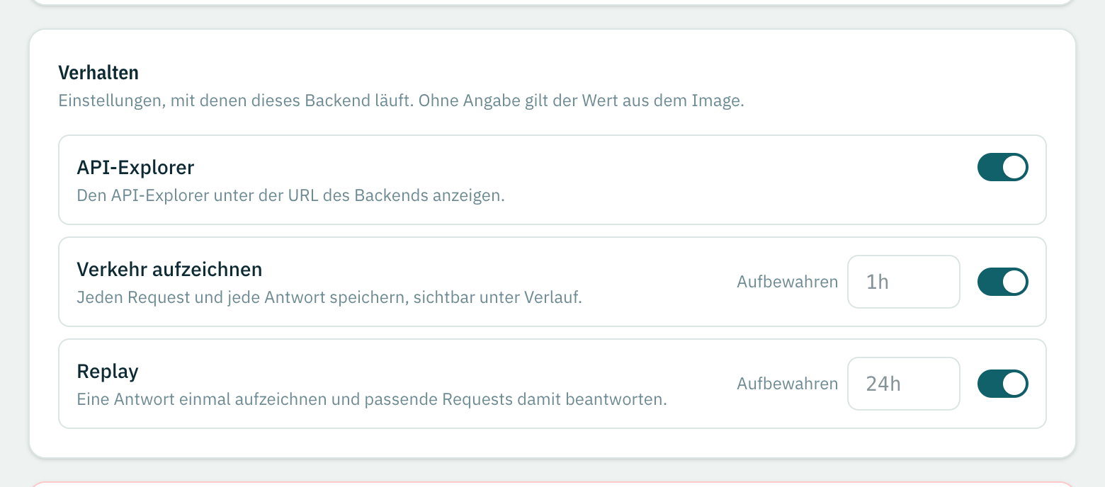 Die Verhaltenseinstellungen: API-Explorer, aufgezeichneter Verkehr und Replay.