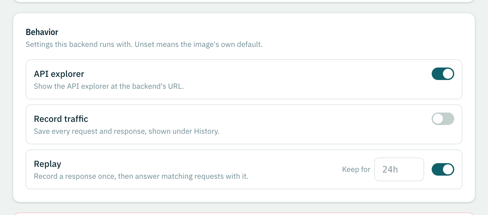The Behavior settings: API explorer, Record traffic and Replay.