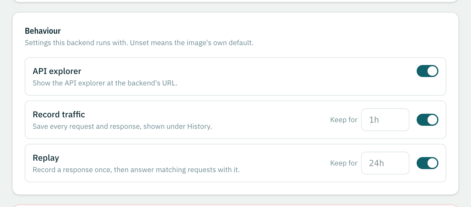 The behaviour settings: API explorer, recorded traffic and replay.