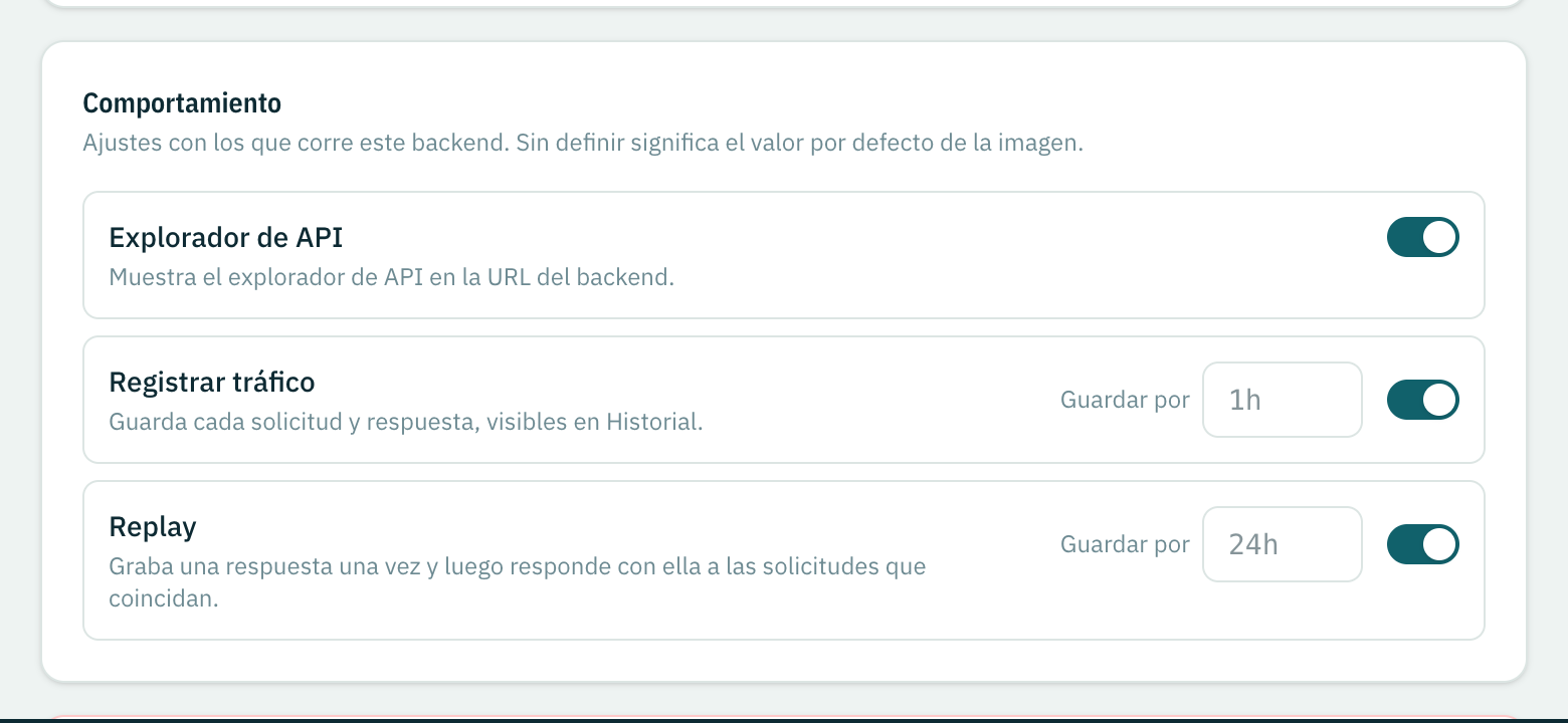 Los ajustes de comportamiento: explorador de API, tráfico registrado y replay.