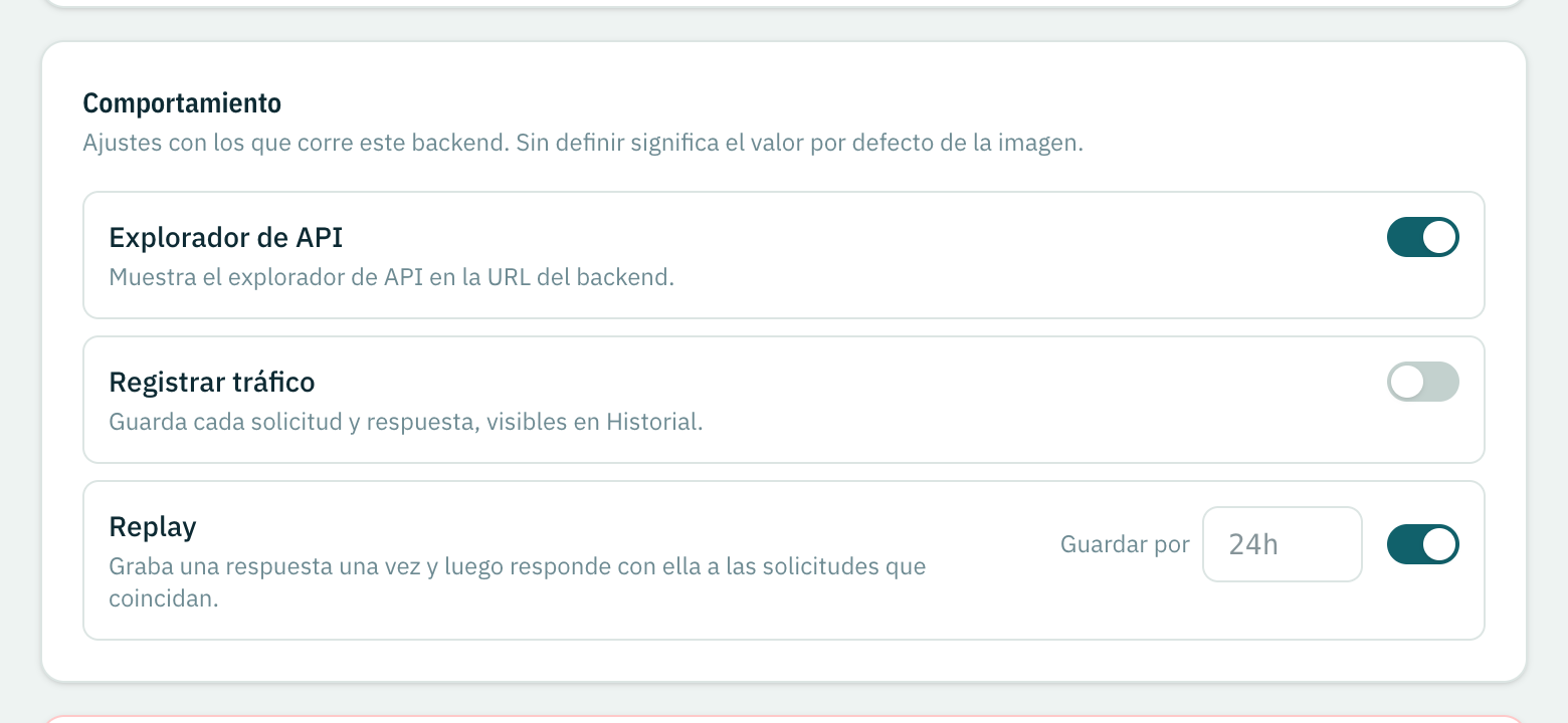 Los ajustes de Comportamiento: Explorador de API, Registrar tráfico y Replay.