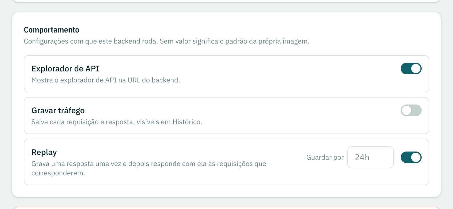 As configurações de Comportamento: Explorador de API, Gravar tráfego e Replay.