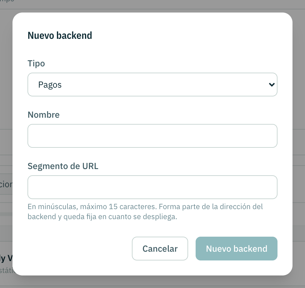 El diálogo de backend nuevo: el tipo, un nombre y el segmento que va en la URL.