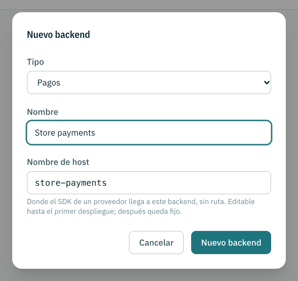 El diálogo Nuevo backend: el tipo, un nombre y el nombre de host que lo sigue.