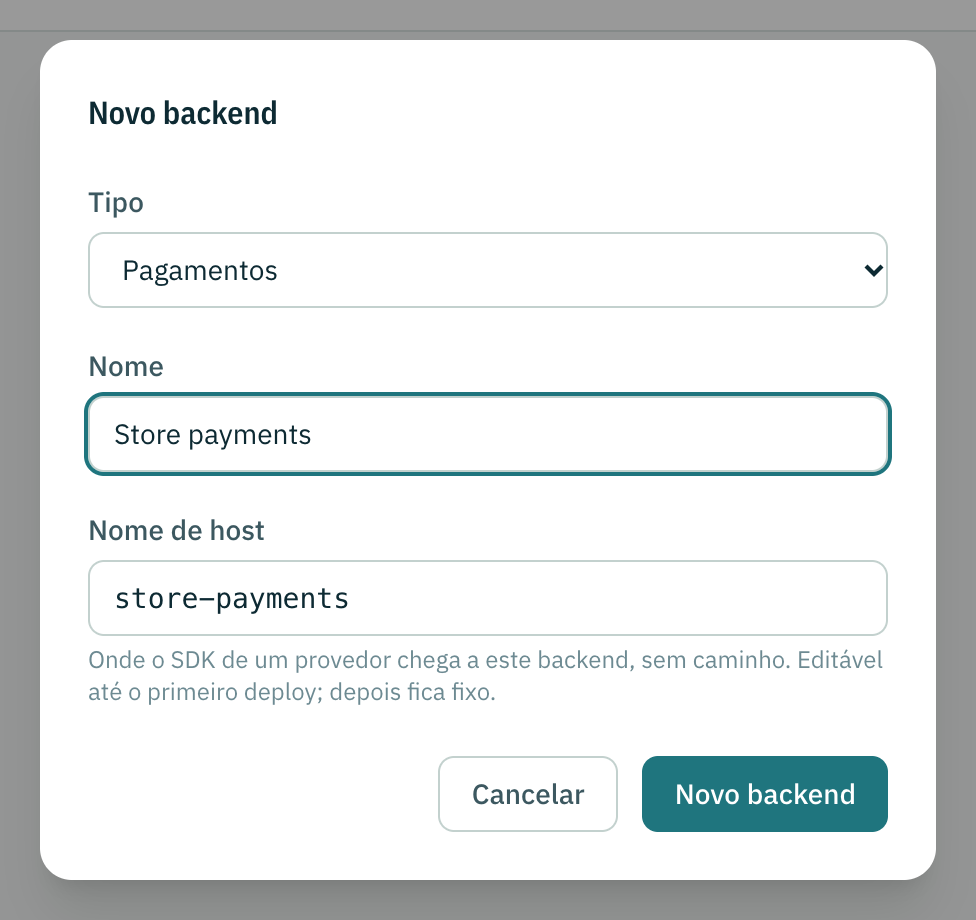 O diálogo Novo backend: o tipo, um nome e o nome de host que segue o nome.