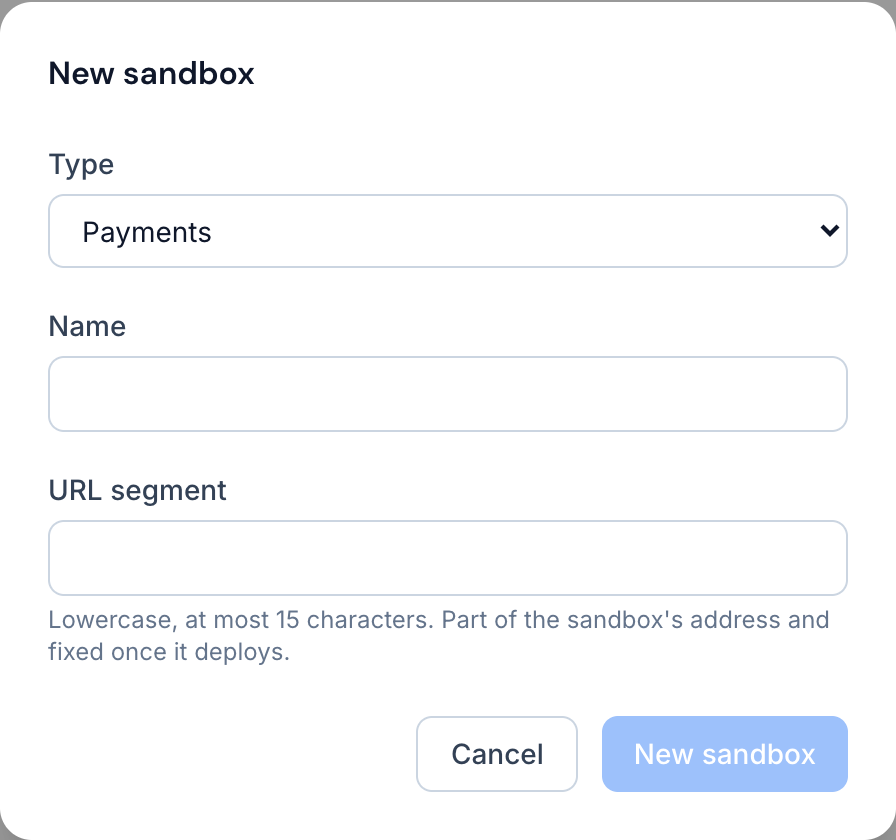 The new sandbox dialog: the type, a name, and the segment that goes in the URL.
