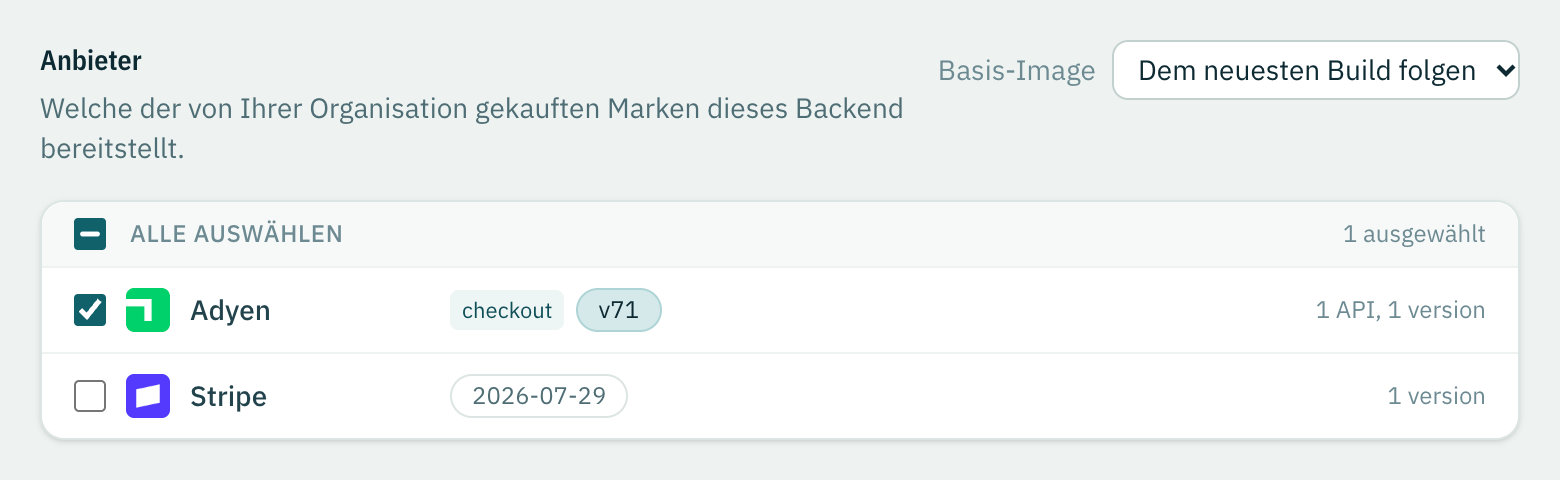 Die Anbieterauswahl, mit Adyen ausgewählt und Stripe nicht.