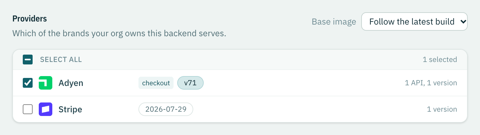 The provider picker, with Adyen served and Stripe not selected.