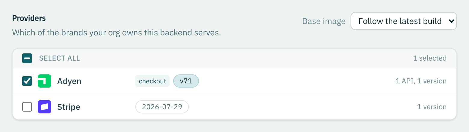 The provider picker, with one brand served and one still unticked.