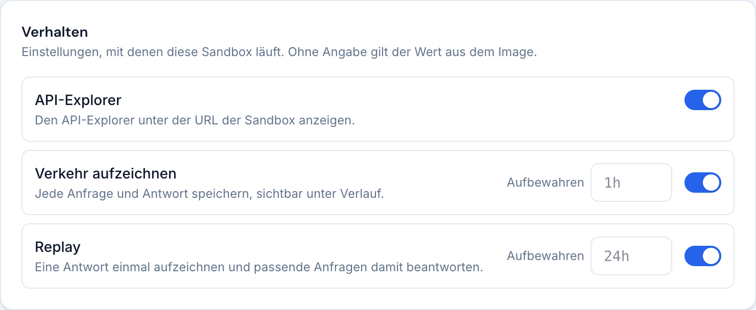 Die Verhaltenseinstellungen: API-Explorer, aufgezeichneter Verkehr und Replay.