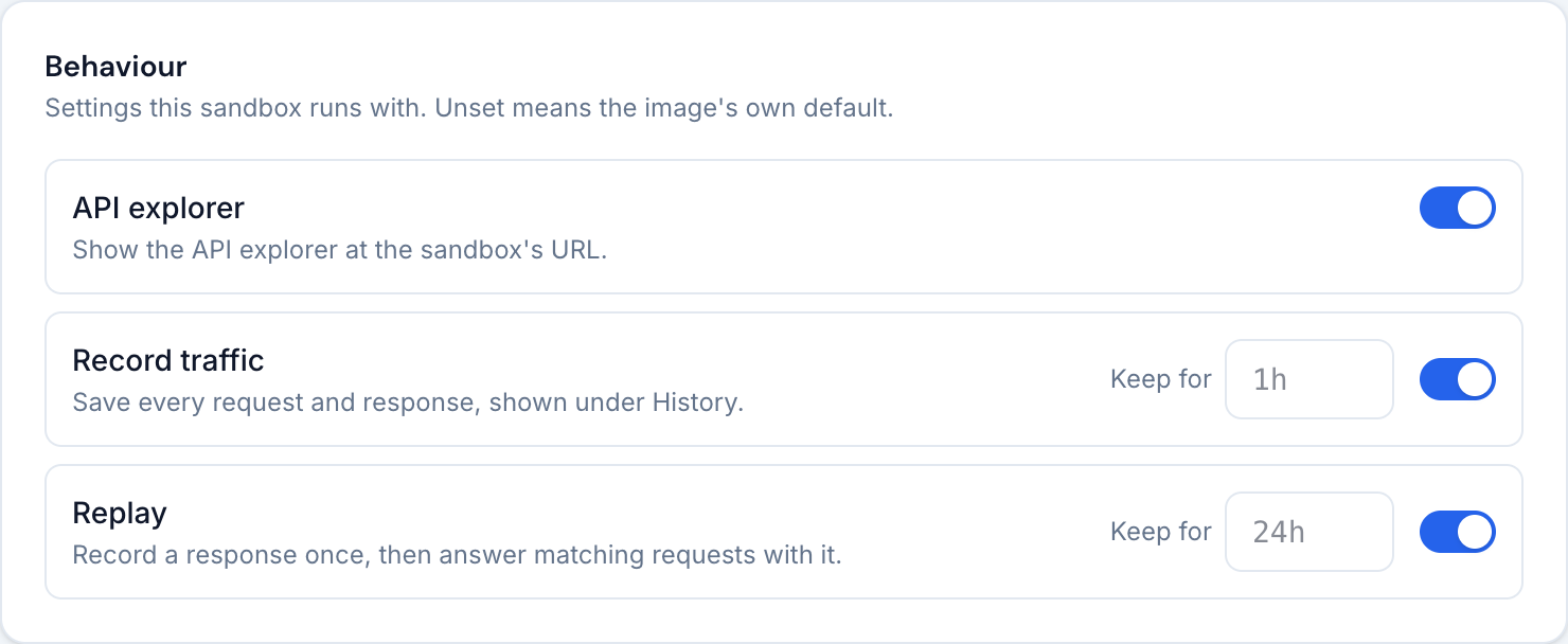 The behaviour settings: API explorer, recorded traffic and replay.