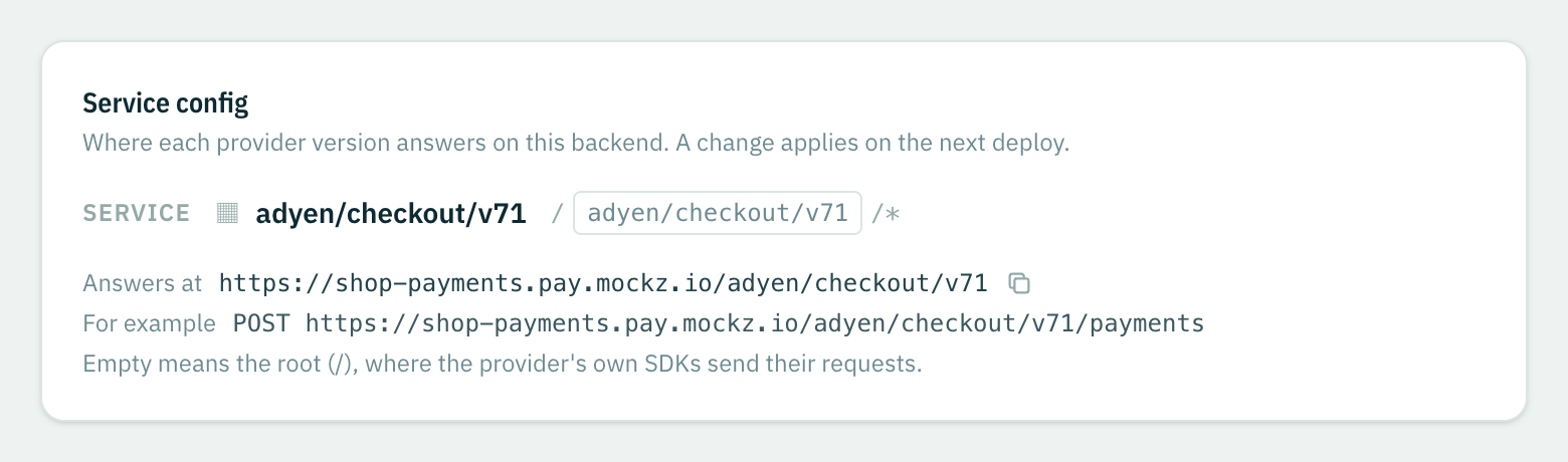 Service config for one provider version: the path it answers at, and an example request.
