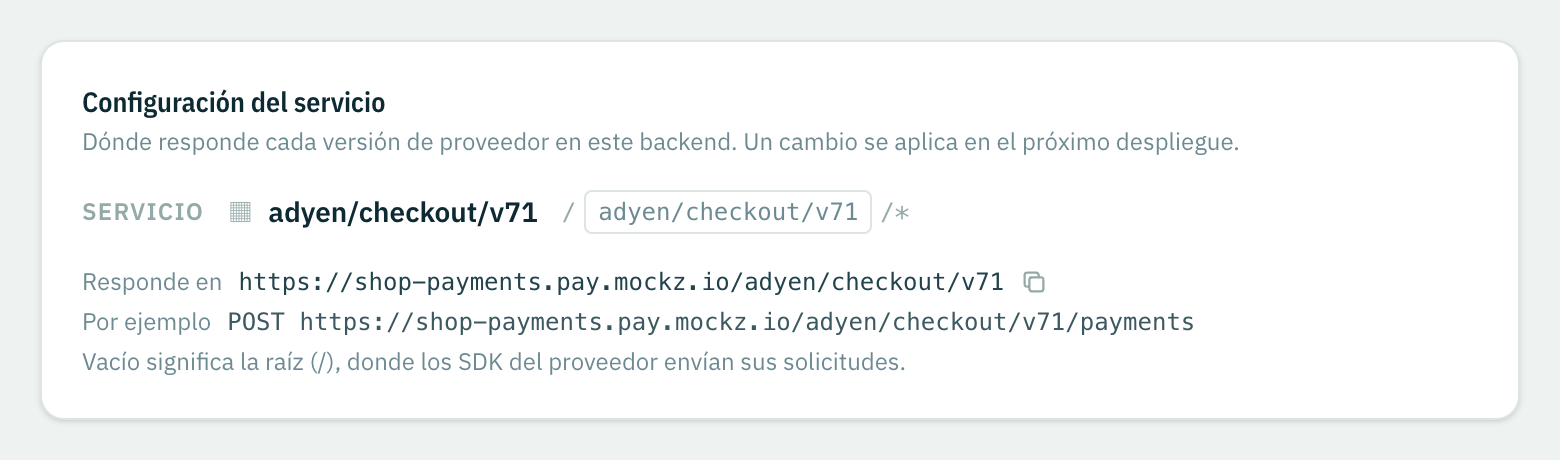 Configuración del servicio de una versión de un proveedor: la ruta en la que responde y una solicitud de ejemplo.