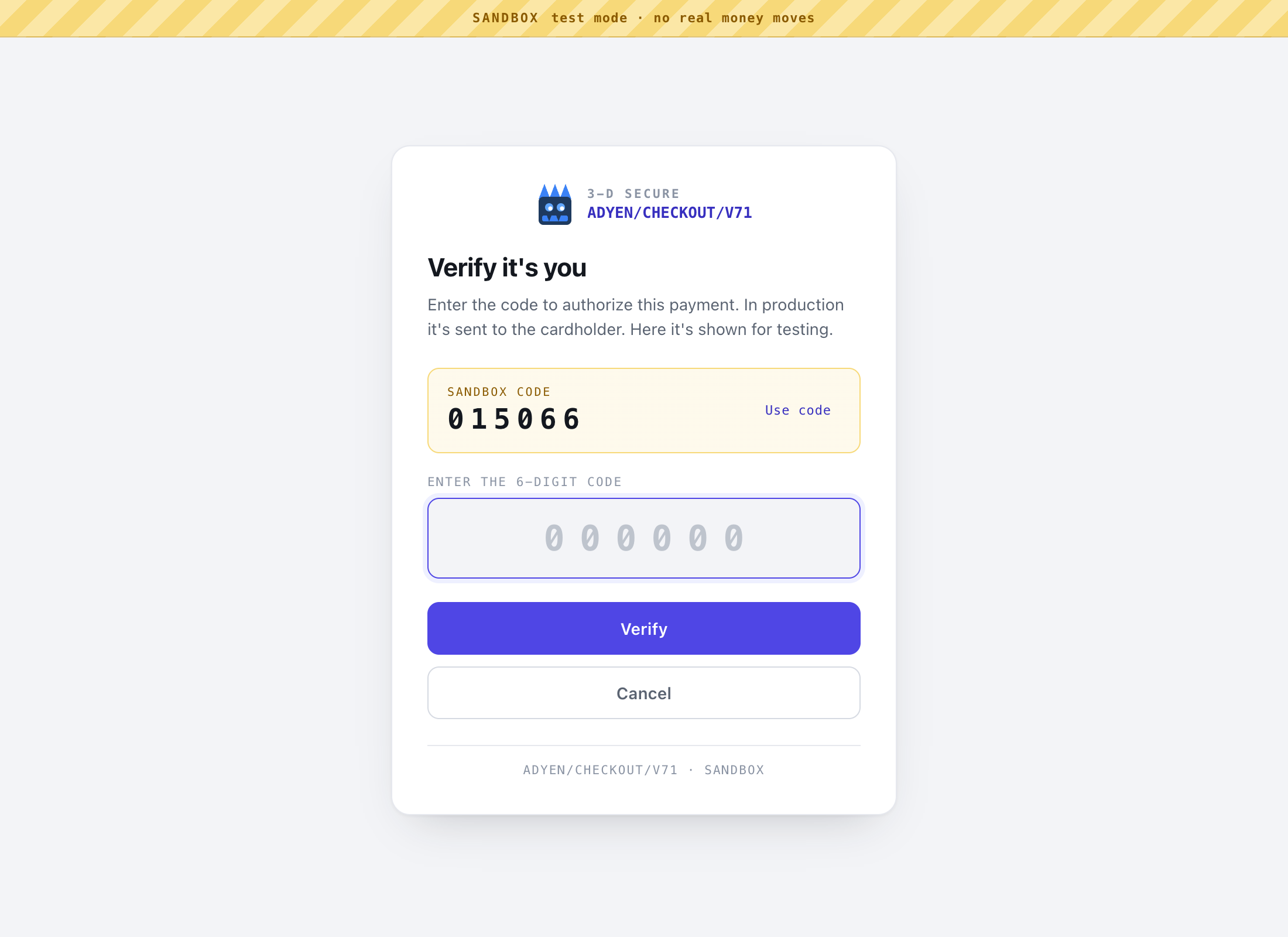 The 3D Secure challenge page a payments sandbox serves, with the code shown instead of sent.