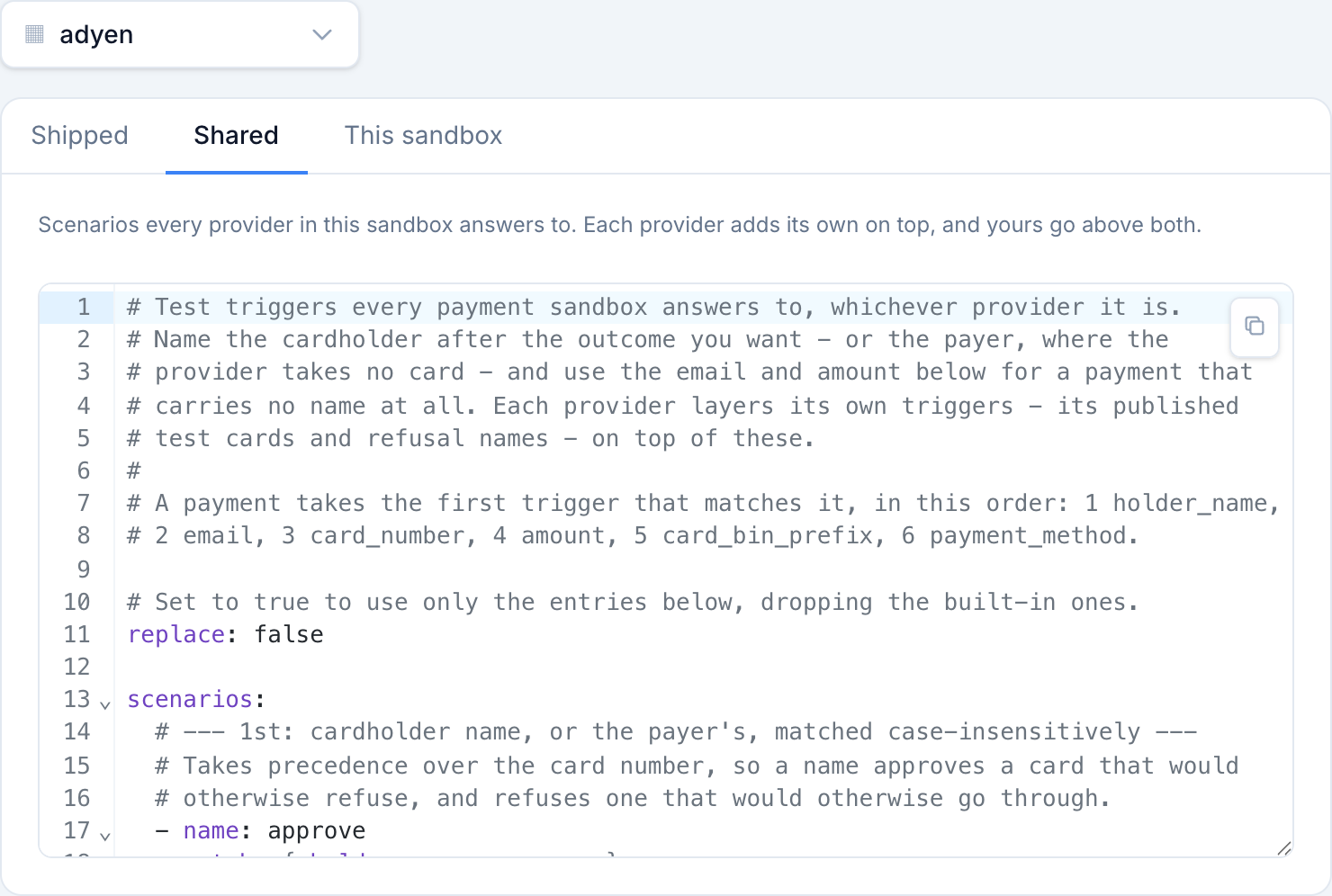 The Shared tab: the triggers every provider in the sandbox answers to.
