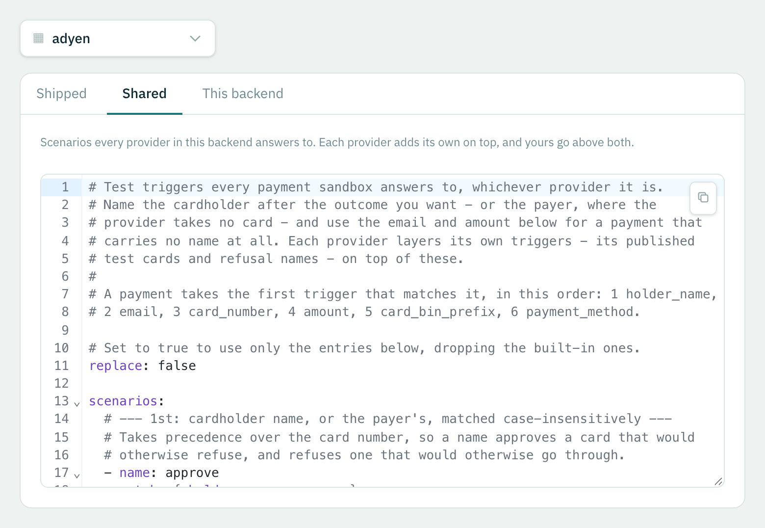 The Shared tab: the triggers every provider in the backend answers to.