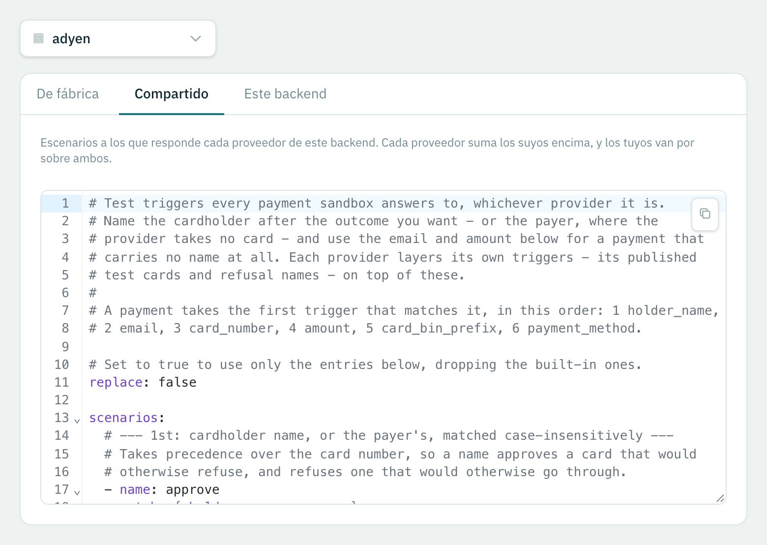 La pestaña Compartido: los disparadores a los que responde cada proveedor del backend.