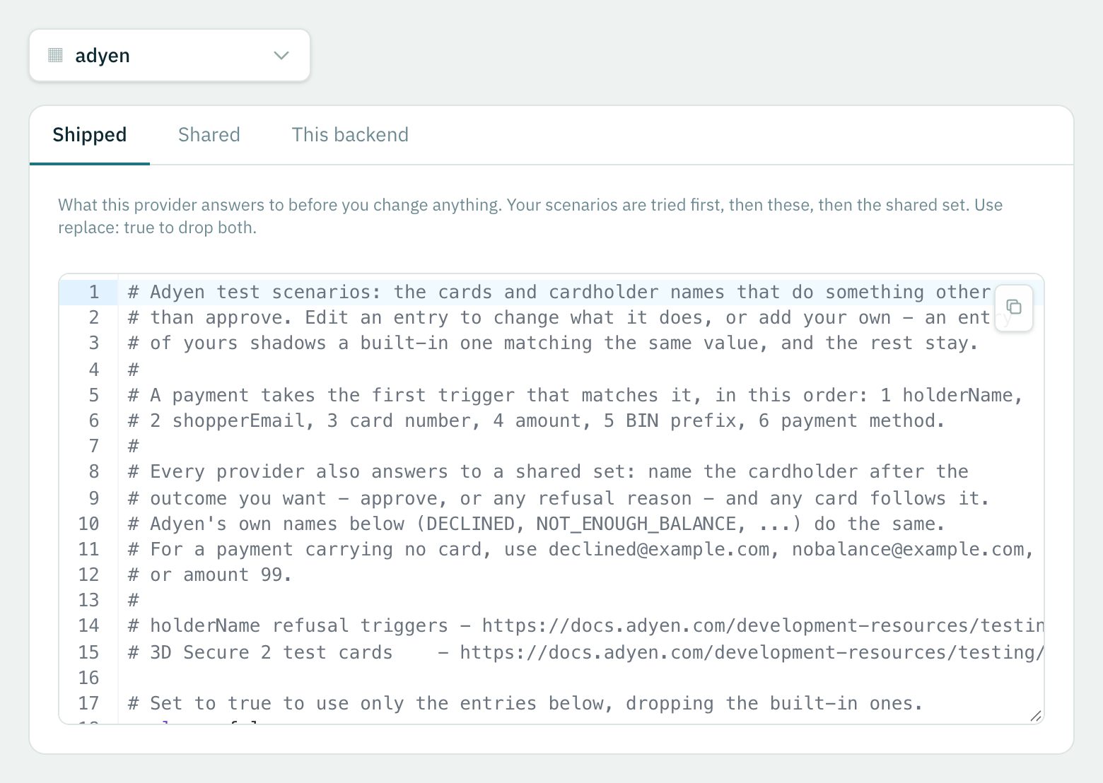 The Shipped tab: what one provider answers to before you change anything.