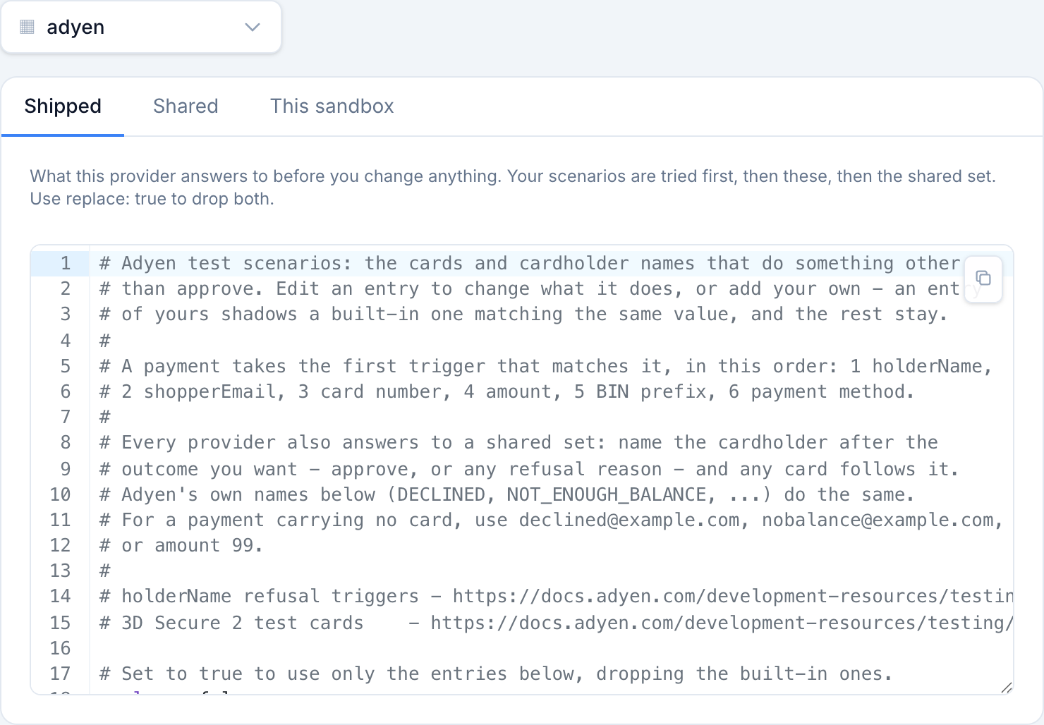 The Shipped tab: what one provider answers to before you change anything.
