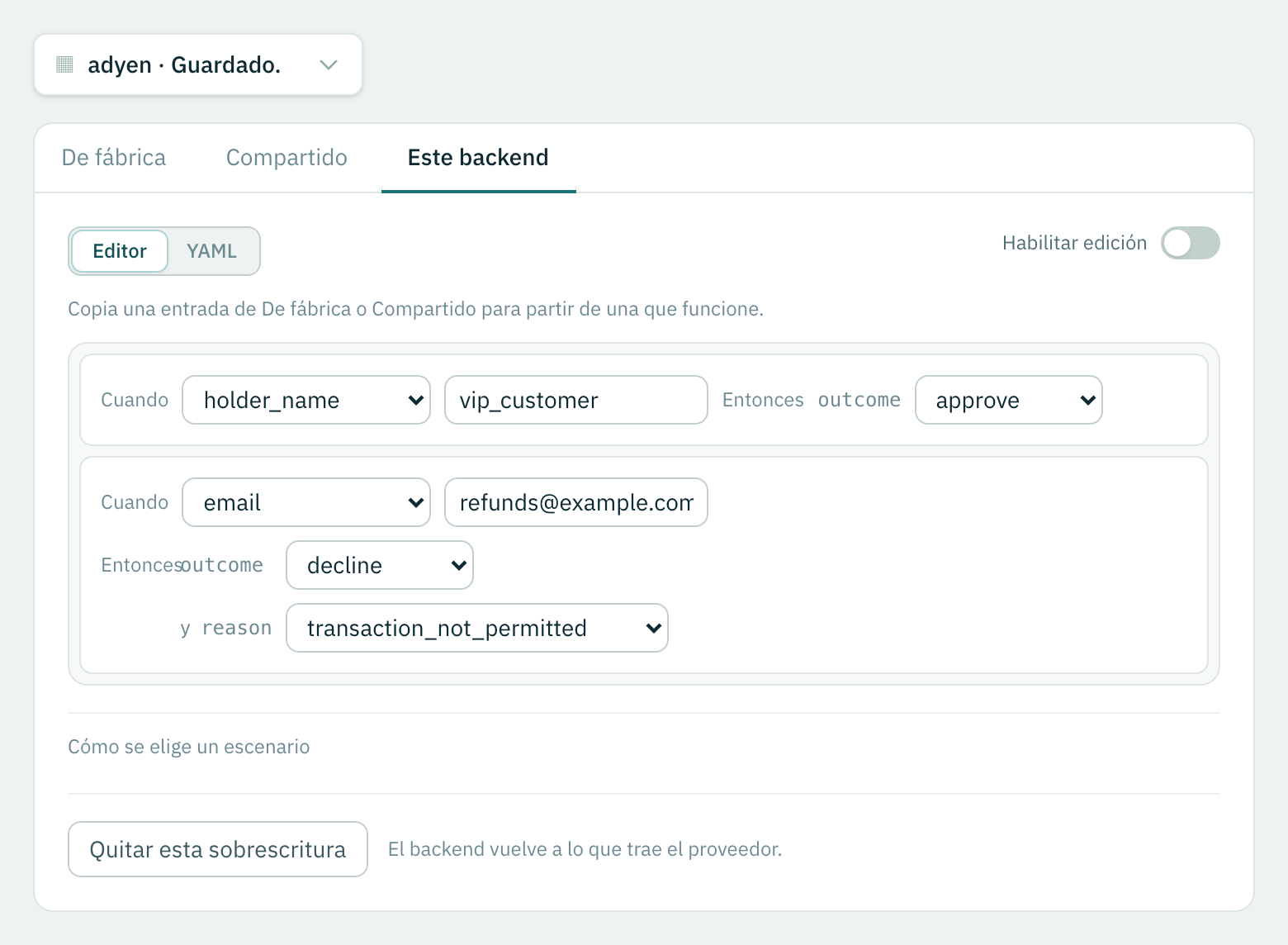 Dos escenarios propios del dueño del backend, cada uno con lo que coincide y lo que vuelve.