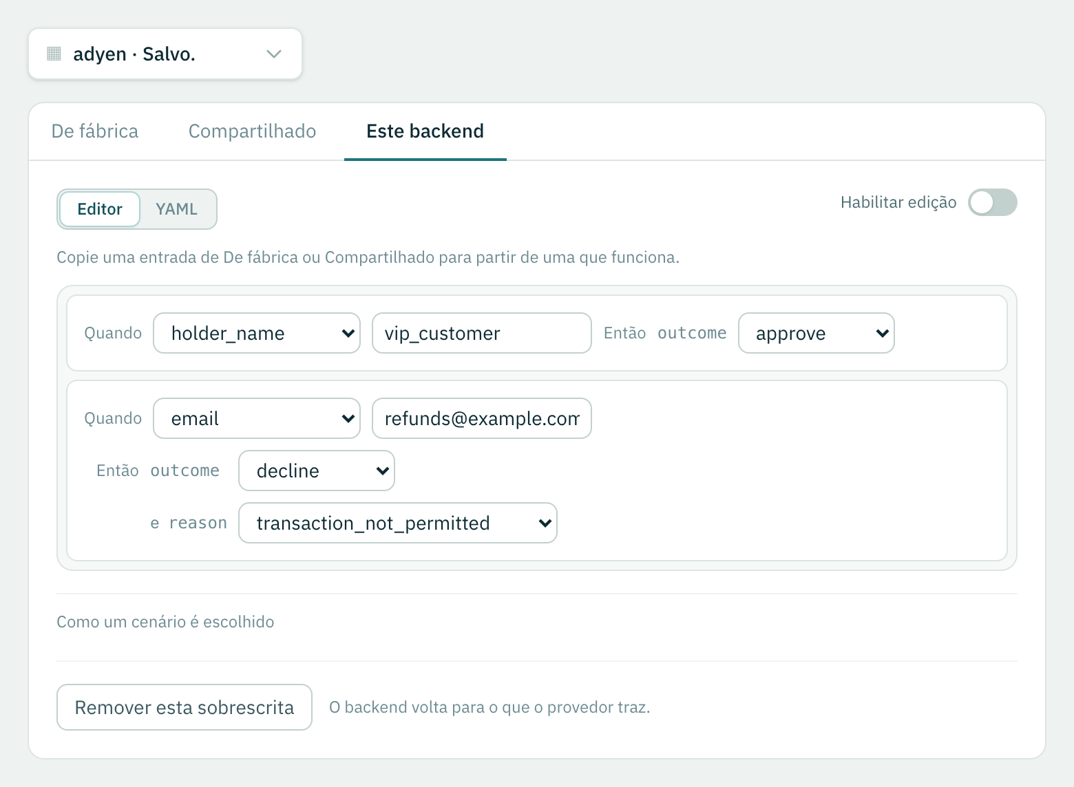 Dois cenários do próprio dono do backend, cada um com o que ele corresponde e o que volta.
