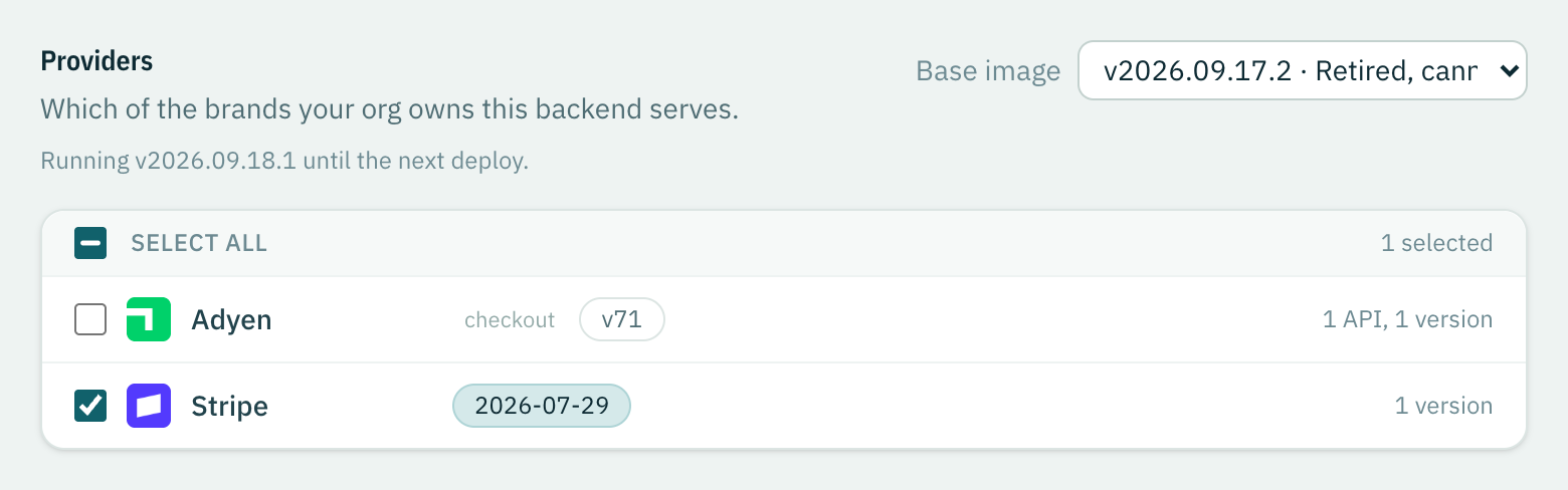 The base image control, with the backend pinned to one build while it still runs another.