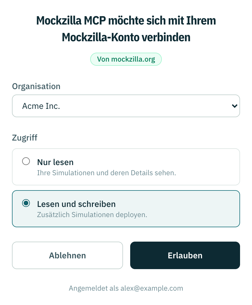 Die ganze Zustimmungsseite, unten mit den Schaltflächen Ablehnen und Erlauben.