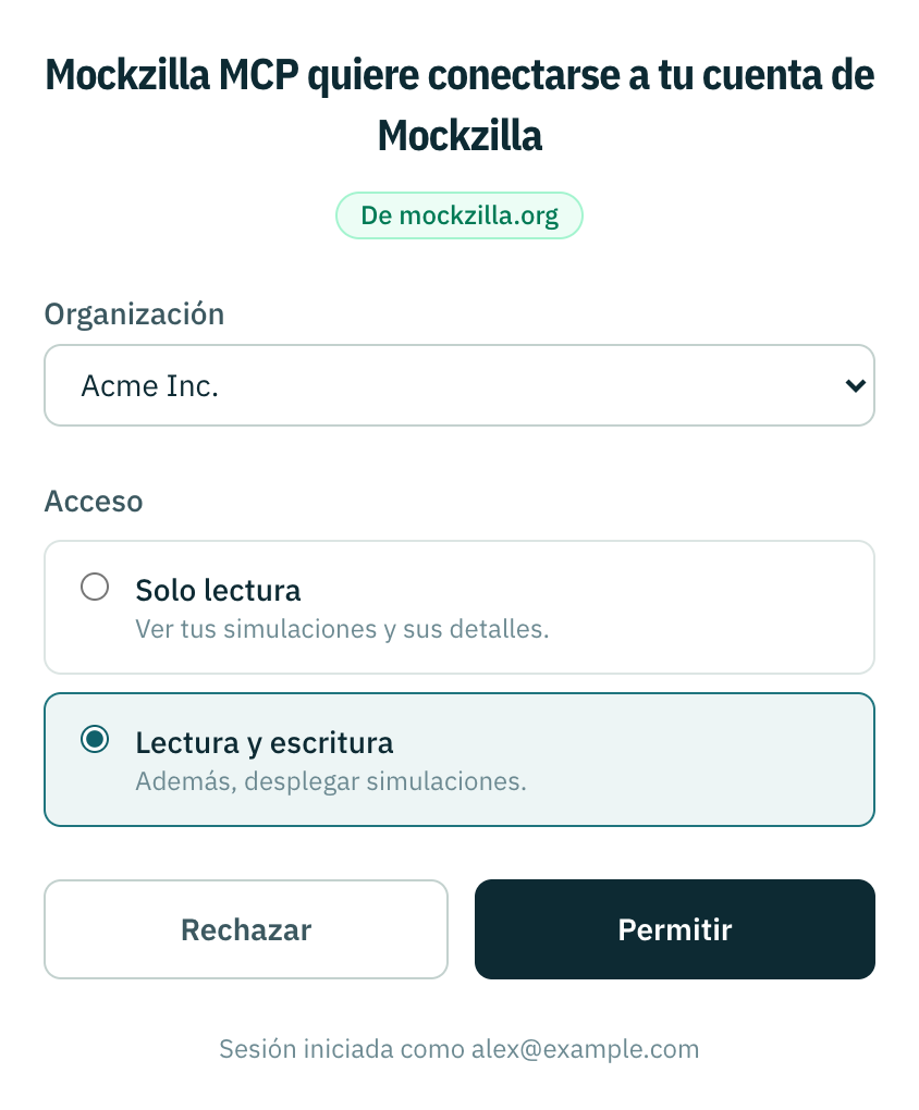 La página de consentimiento completa, con los botones Rechazar y Permitir abajo.