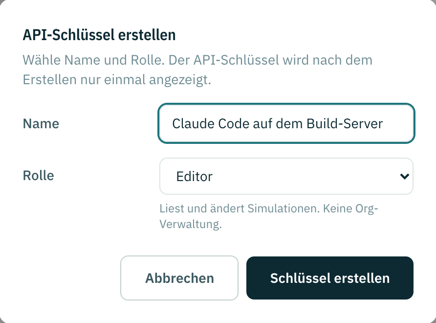 Der Dialog zum Erstellen eines Schlüssels, mit einem Namen für den Schlüssel des Agenten und der Rolle Editor.