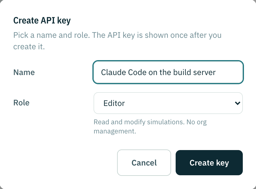 The create key dialog, with a name for the agent's key and the Editor role picked.