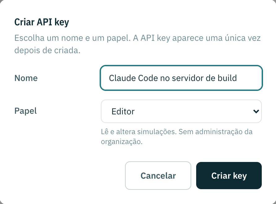 O diálogo de criar key, com um nome para a key do agente e o papel Editor escolhido.