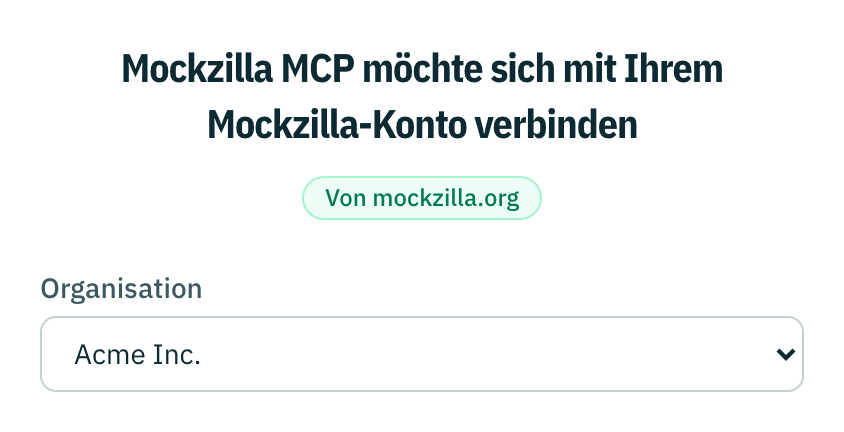 Die Zustimmungsseite für Mockzilla MCP, mit der Organisationsauswahl auf Acme Inc.
