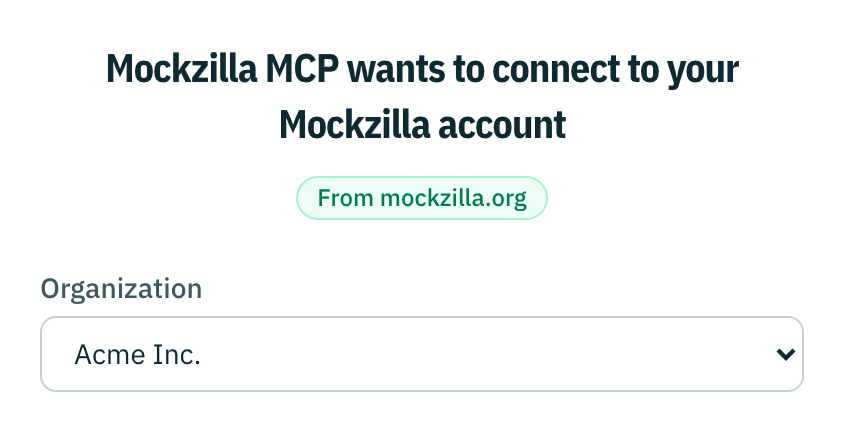 The consent page for Mockzilla MCP, with the organization picker set to Acme Inc.