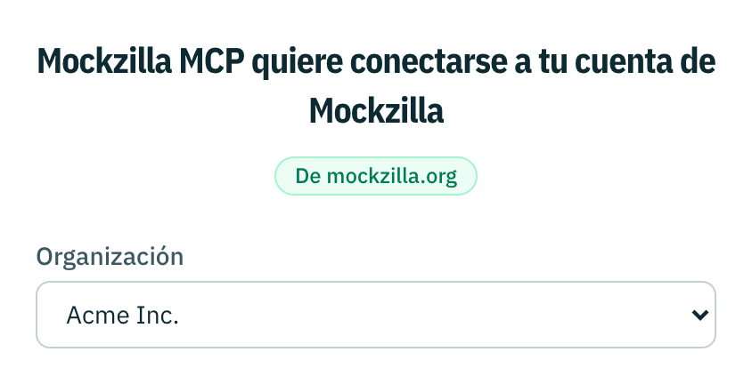 La página de consentimiento de Mockzilla MCP, con el selector de organización en Acme Inc.