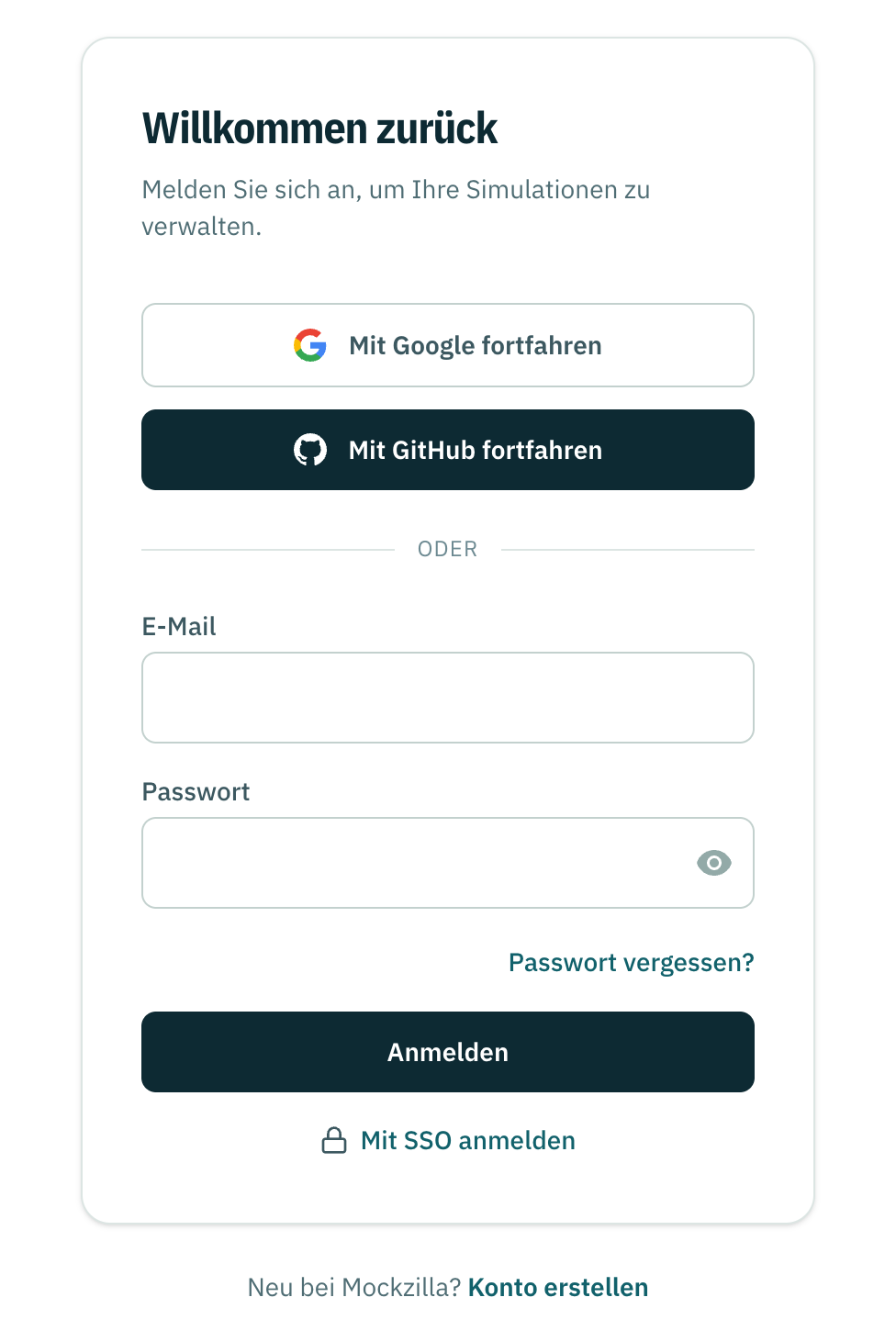 Die Anmeldeseite von Mockzilla, mit den Anmeldeanbietern und dem E-Mail-Formular.
