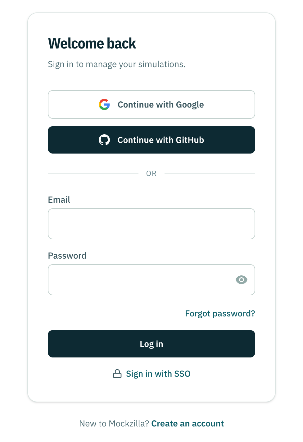 The Mockzilla sign-in page, with the sign-in providers and the email form.