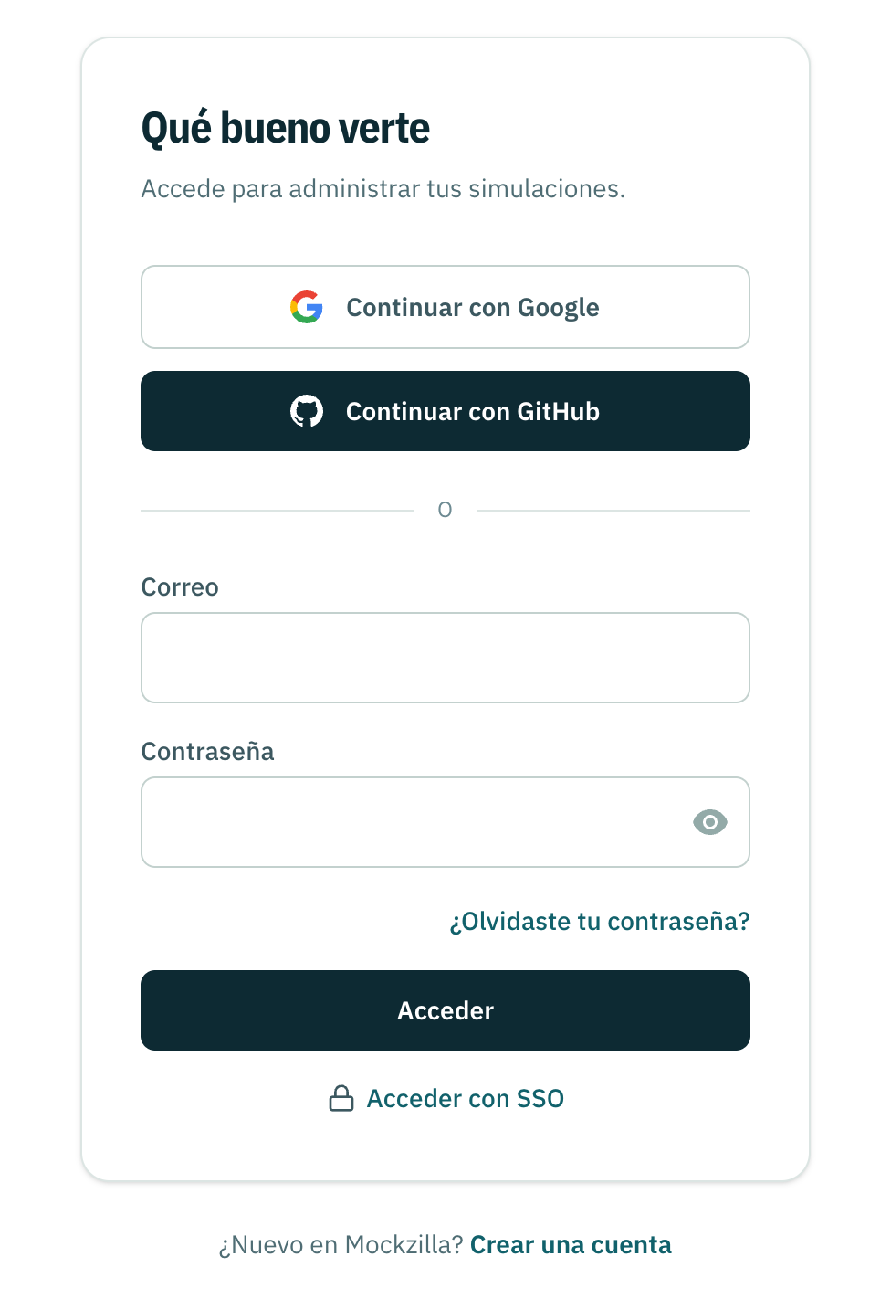 La página de inicio de sesión de Mockzilla, con los proveedores de acceso y el formulario de email.