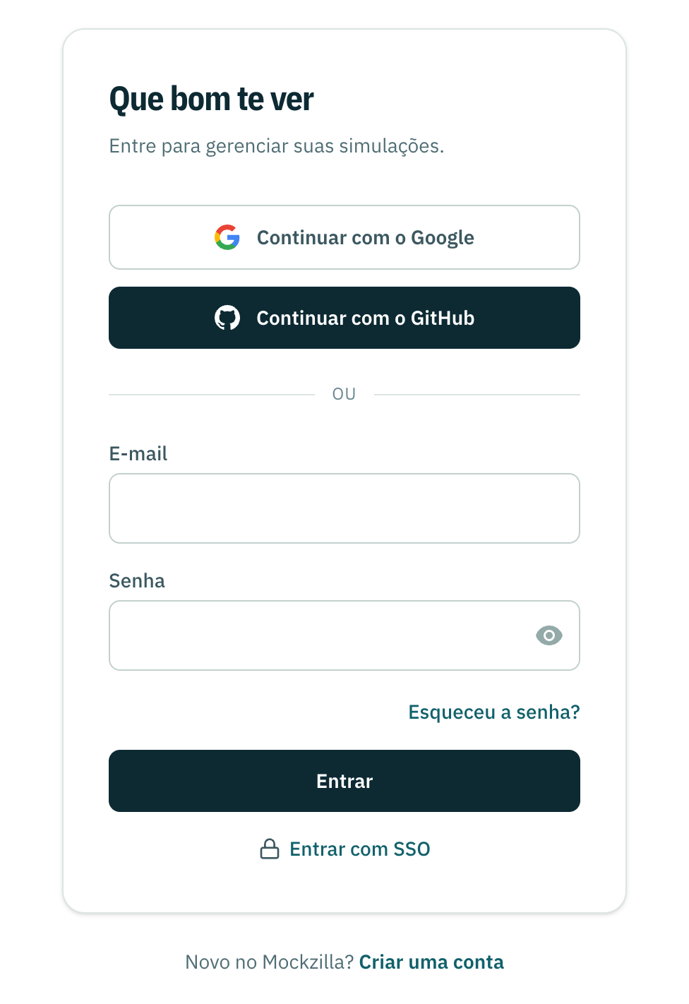 A página de login do Mockzilla, com os provedores de login e o formulário de e-mail.
