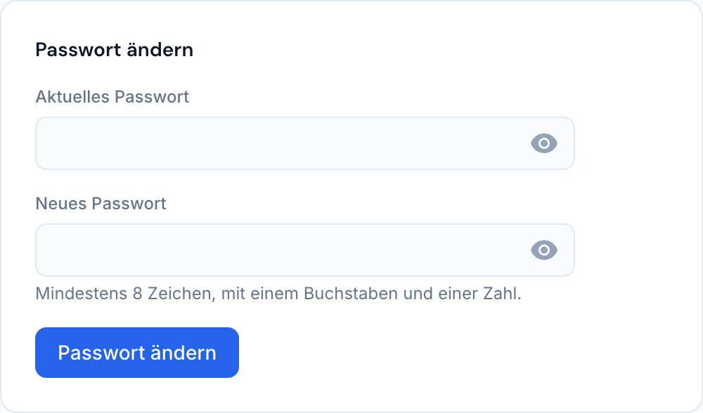 Das Formular zum Ändern des Passworts, mit Feldern für das aktuelle und das neue Passwort.