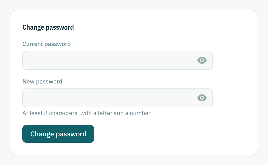 The change password form, with fields for the current and the new password.